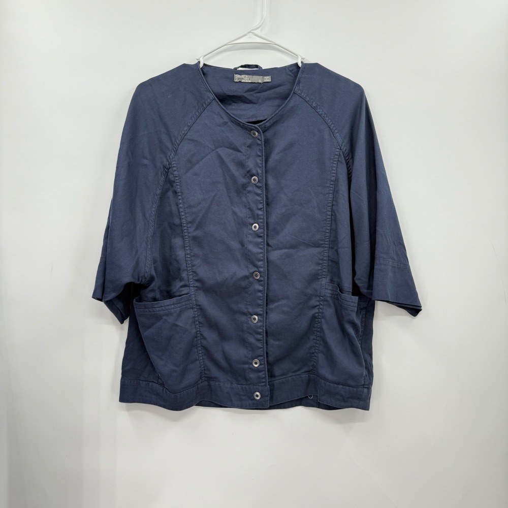 Prana W Button Front Jacket Size‎ S Blue 3/4 Sleeve Pockets Organic Cotton Blend